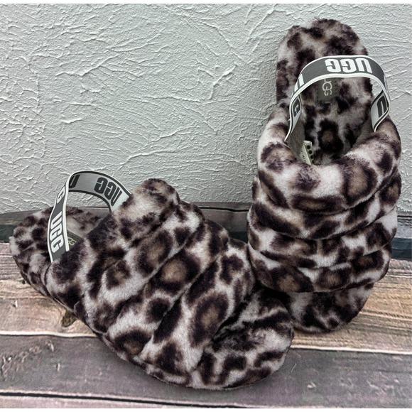 UGG Shoes - UGG Fluff Yeah Slide Panther Print Slippers Womens 9 Leopard Logo Strap 1120903